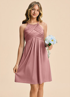 Azazie Ginny Junior Vestido Rosa Polvorienta de Satén Elástico de Corte en A con Plisado image3