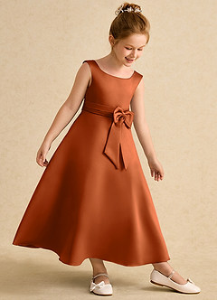 Azazie Eve Flower Girl Dresses Burnt Orange A-Line Pleated Matte Satin Dress image3