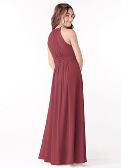 Azazie Bonnie Junior Merlot A-Line Pleated Chiffon Dress image3