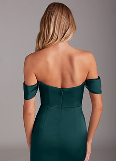 Azazie Saige Bridesmaid Dresses Pine Sheath Off the Shoulder Stretch Satin Dress image9