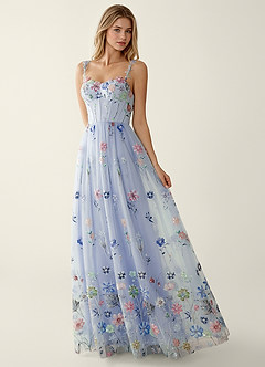 Irisqun Blue 3D Flowers Sequin Embroidery Beading Tulle Prom Dress image3