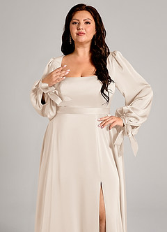 Azazie Leonia Bridesmaid Dresses White Alabaster A-Line Long Sleeve Stretch Satin Dress image9