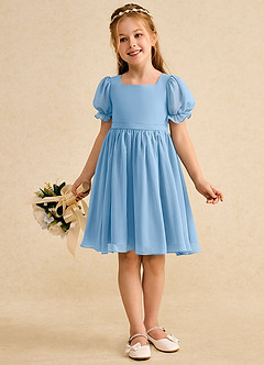 Azazie Jolie Robe Demoiselle D'honneur Fillette Robe Trapèze en Mousseline de soie avec manches Poudre Bleue image4