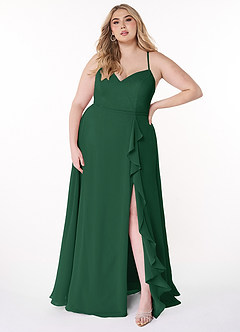 Azazie Naeem Robes de demoiselle d'honneur Robe Trapèze en Mousseline de soie Col V à volants Vert Foncé image7