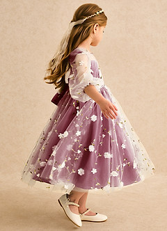 Azazie Elowen Robe Demoiselle D'honneur Fillette Robe Trapèze en Dentelle Encolure en Forme de Cœur Bourgogne image6