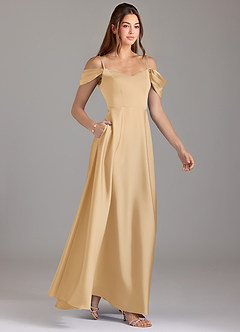 Azazie Marley Jurken voor bruidsmeisjes Converteerbaar Jurk van Stretch Satijn met A-Lijn Off the Shoulder Goud image4