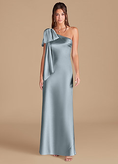 Azazie Capri Jurken voor bruidsmeisjes Jurk van Metaalachtig Satijn met Kolom One-Shoulder Stoffig Blauw image3