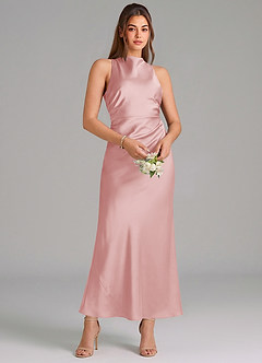 Azazie Evadne Vestidos de damas de honor Vestido de Rosa Empolvado de Satén Elástico de Corte Recto con Plisado image3