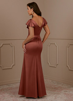Azazie Roya Mother of the Bride Dresses Auburn Mermaid V-Neck Pleated Stretch Satin Dress image3