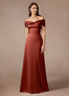 Azazie Amelia Mother of the Bride Dresses Terracotta A-Line Off the Shoulder Stretch Satin Dress image1