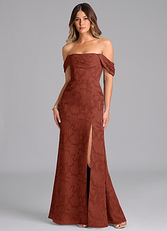 Azazie Saige Bridesmaid Dresses Terracotta A-Line Off the Shoulder Floral Burnout Convertible Dress image1