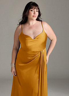 Azazie Brielle Bridesmaid Dresses Butterscotch A-Line Cowl Spaghetti Straps Stretch Satin Dress image11