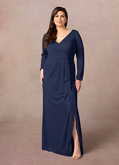 Azazie Risa Mère de la mariée Robes Robe Sirène en Maille Col V plissé Bleu Marine Foncé image6