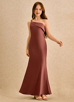 Azazie Almond Girls Formal Sukienki dla dziewczynek sypiących kwiaty Osłona Jedno ramię Satyna elastyczna Długość podłogi Sukienka image6