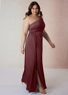 Azazie Mika Bridesmaid Dresses Sangria Sheath One Shoulder Stretch Satin Dress image10