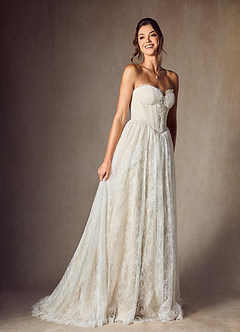 Azazie Lorena Wedding Dresses Diamond White Champagne A-Line Strapless Lace Dress image4