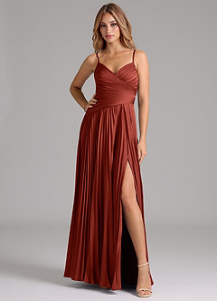 Azazie Vini Robes de demoiselle d'honneur Robe Trapèze en Satin extensible Plissée Terracotta image3
