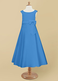 Azazie Lindy Flower Girl Dresses Blue Jay A-Line Pleated Matte Satin Dress image10
