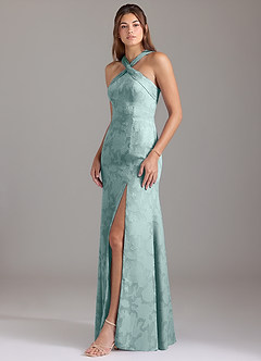 Azazie Rue Bridesmaid Dresses Mist A-Line Pleated Floral Burnout Dress image3