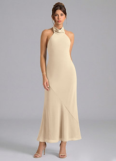 Azazie Velli Brautjungfernkleider Meerjungfrau-Linie Hoher Kragen Chiffon Kleid Champagner image5