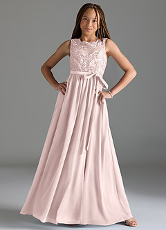 Azazie Elly Junior Jurk van Chiffon met A-Lijn Kant Blozend Roze image3