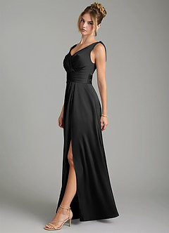 Azazie Karina Robes de demoiselle d'honneur Robe Trapèze en Satin extensible Plissée Noir image3