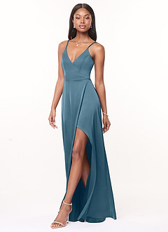 Azazie Maksim Bridesmaid Dresses Bermuda A-Line V-Neck Stretch Satin Dress image4