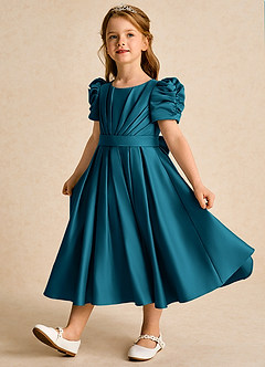 Azazie Miriam Abiti da Ragazza di Fiori Abito Principessa in Raso Opaco Plissettato Blu Inchiostro image3