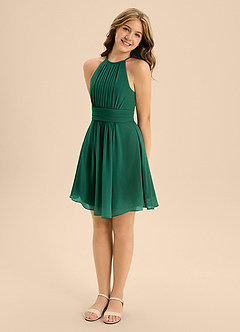 Azazie Bonnie Junior Emerald A-Line Pleated Chiffon Dress image4