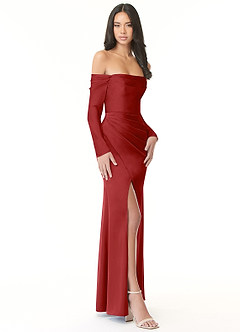 Azazie Hallie Bridesmaid Dresses Pomegranate Sheath Off-The-Shoulder Long Sleeve Stretch Satin Convertible Dress image5