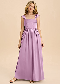 Azazie Hattie Junior Abito A-Line in Raso Elasticizzato Plissettato Glicine image8