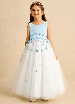 Azazie Eleni Flower Girl Dresses Ivory Sky Blue Ball-Gown Bow Tulle Dress image1