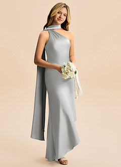 Azazie Briony Junior Vestido Prata de Cetim elástico de Bainha com Plissado image4