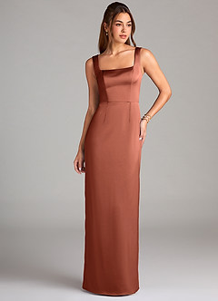 Azazie Flori Bridesmaid Dresses Clay Sheath Side Slit Stretch Satin Dress image1