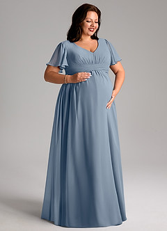 Azazie Verna Robes de demoiselle d'honneur de maternité Robe Trapèze Col V froncé Longueur ras du sol Mousseline de soie image10