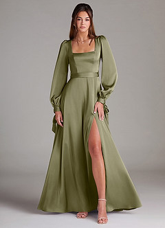 Azazie Leonia Brautjungfernkleider A-Linie Langarm Stretch-Satin Kleid Pistazie image1