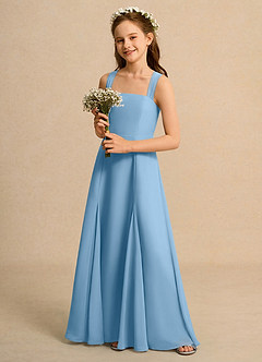 Azazie Tater Junior Formal Jurken voor bloemenmeisjes A-Lijn Jurk van Chiffon Geplooid Staal Blauw image5