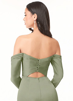 Azazie Hallie Bridesmaid Dresses Pistachio Mermaid Off-The-Shoulder Long Sleeve Stretch Satin Convertible Dress image8