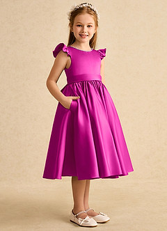 Azazie Dumpling Robe Demoiselle D'honneur Fillette Robe Trapèze en Mat Satiné Arc Fuchsia image3