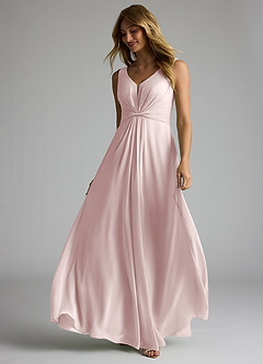 Azazie Gina Bridesmaid Dresses Blushing Pink A-Line V-Neck Pleated Chiffon Dress image2