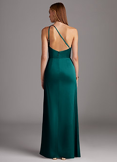 Azazie Mika Bridesmaid Dresses Peacock Sheath One Shoulder Stretch Satin Dress image2