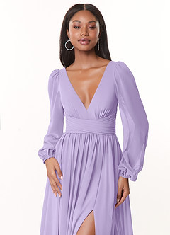 Azazie Norah Bridesmaid Dresses Lilac A-Line V-Neck Long Sleeve Chiffon Dress image5