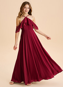 Azazie Tessabelle Junior Burgundy A-Line Off the Shoulder Chiffon Dress image4