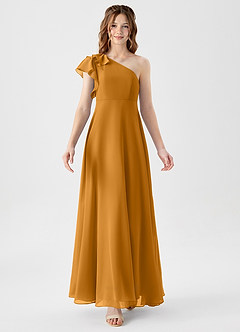 Azazie Arabella Junior A-Linie Gestreift Chiffon Kleid Butterscotch image5