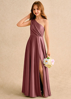 Azazie Puddles Girls Formal Blumenmädchenkleider A-Linie One-Shoulder Stretch-Satin Kleid Amethyst image3