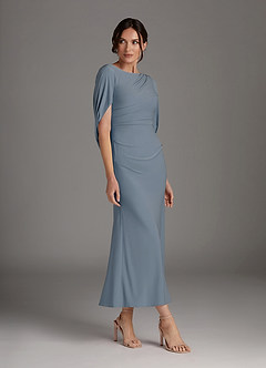 Azazie Bellona Mother of the Bride Dresses Dusty Blue Sheath Boatneck Luxe Knit Dress image3