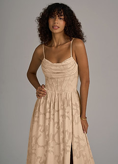 Azazie Lettie Bridesmaid Dresses Champagne A-Line Corset Floral Burnout Dress image2