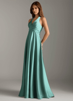 Azazie Tessie Robes de demoiselle d'honneur Robe Trapèze en Satin extensible Plissée Aqua image5