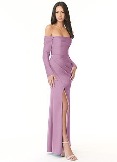 Azazie Hallie Bridesmaid Dresses Wisteria Sheath Off-The-Shoulder Long Sleeve Stretch Satin Convertible Dress image5