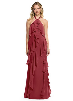 Azazie Velma Bridesmaid Dresses Pomegranate A-Line Side Slit Chiffon Dress image1